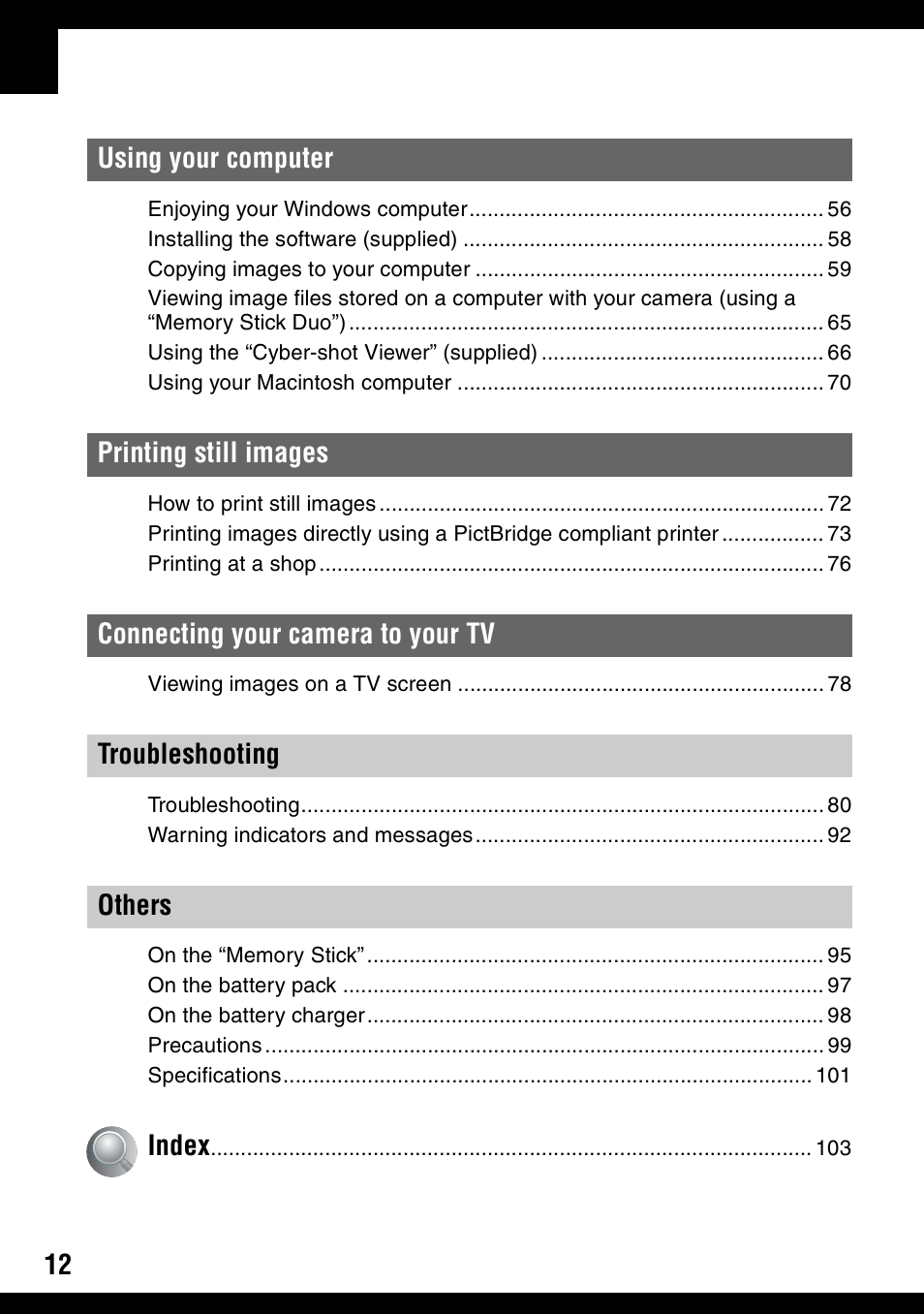 Sony DSC-W30 User Manual | Page 12 / 107