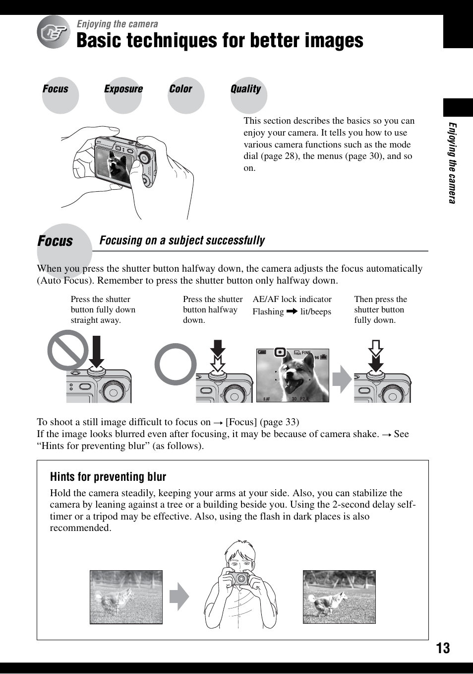 Enjoying the camera, Basic techniques for better images, Focus focusing on a subject successfully | Focus, Focusing on a subject successfully | Sony DSC-W30 User Manual | Page 13 / 107