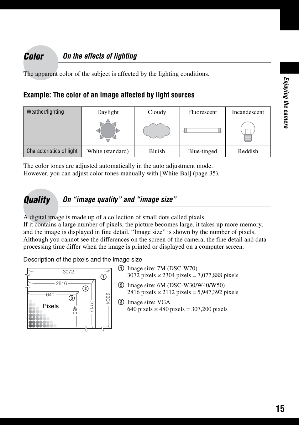 Color on the effects of lighting, Quality on “image quality” and “image size, Color | Quality, On the effects of lighting, On “image quality” and “image size | Sony DSC-W30 User Manual | Page 15 / 107