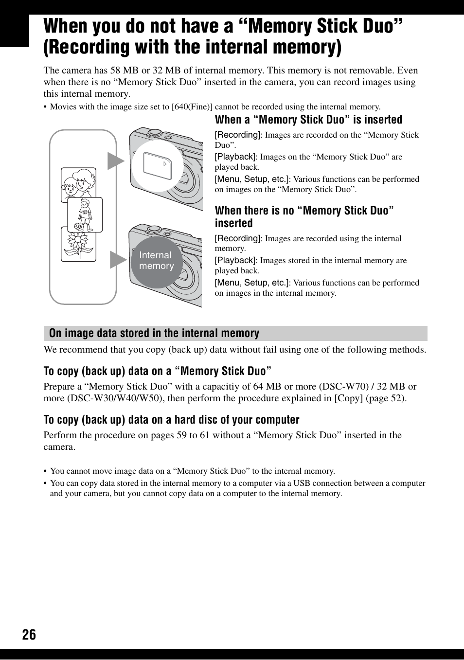 When you do not have a “memory stick duo | Sony DSC-W30 User Manual | Page 26 / 107