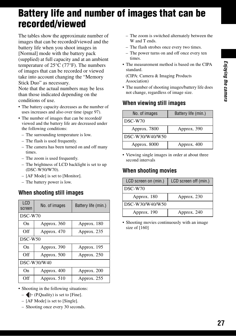 When shooting still images, When viewing still images, When shooting movies | Sony DSC-W30 User Manual | Page 27 / 107