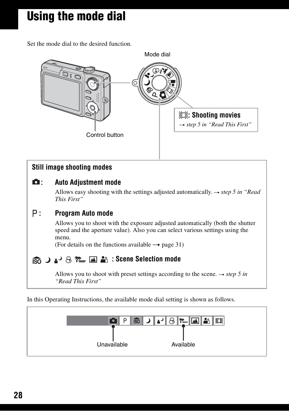 Using the mode dial | Sony DSC-W30 User Manual | Page 28 / 107