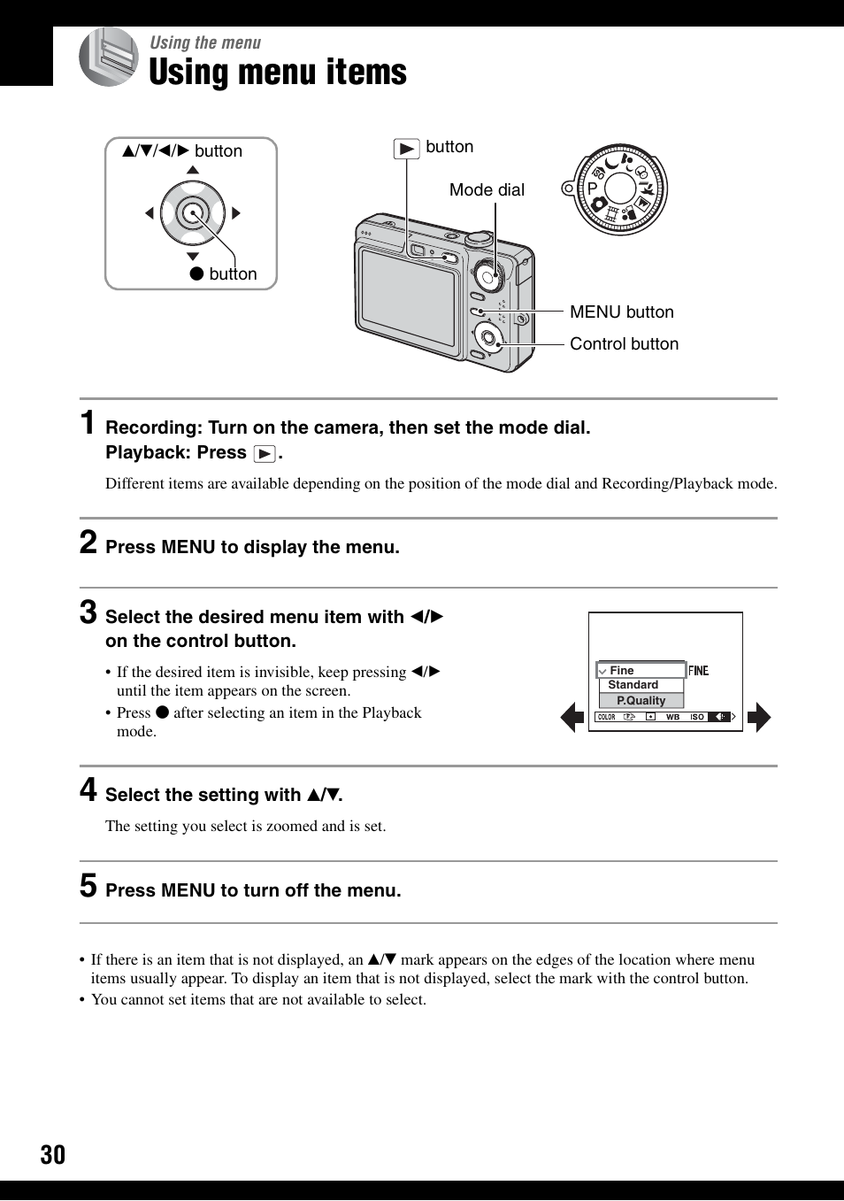 Using the menu, Using menu items, Nu (30) | Sony DSC-W30 User Manual | Page 30 / 107