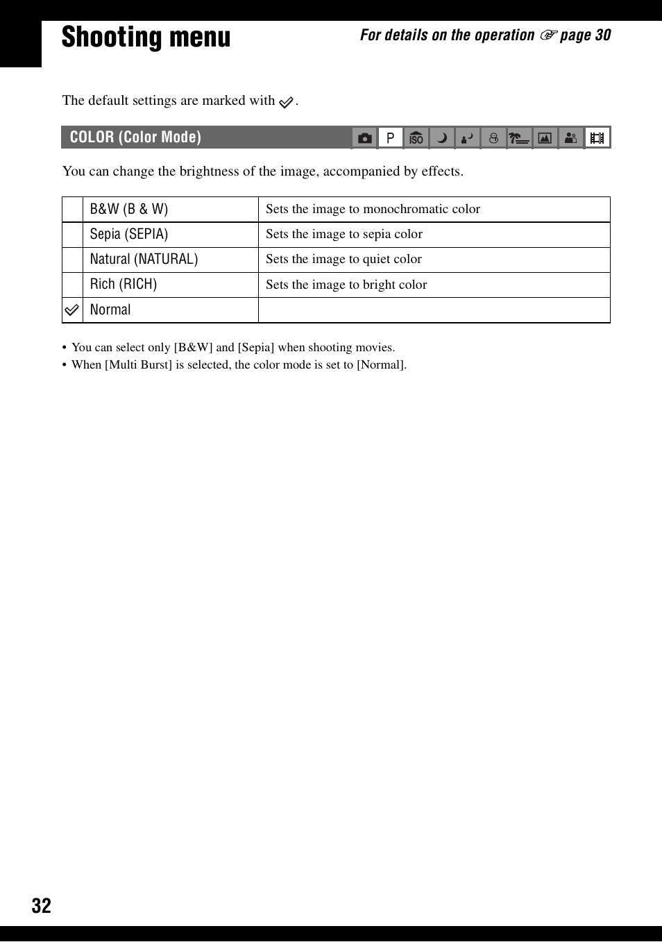 Shooting menu, Color (color mode) | Sony DSC-W30 User Manual | Page 32 / 107