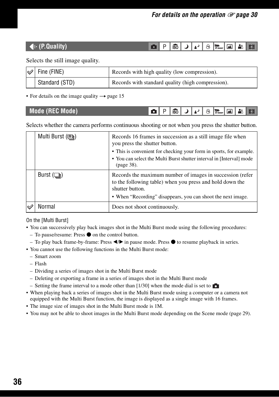 P.quality), Mode (rec mode), Y (36) | Sony DSC-W30 User Manual | Page 36 / 107