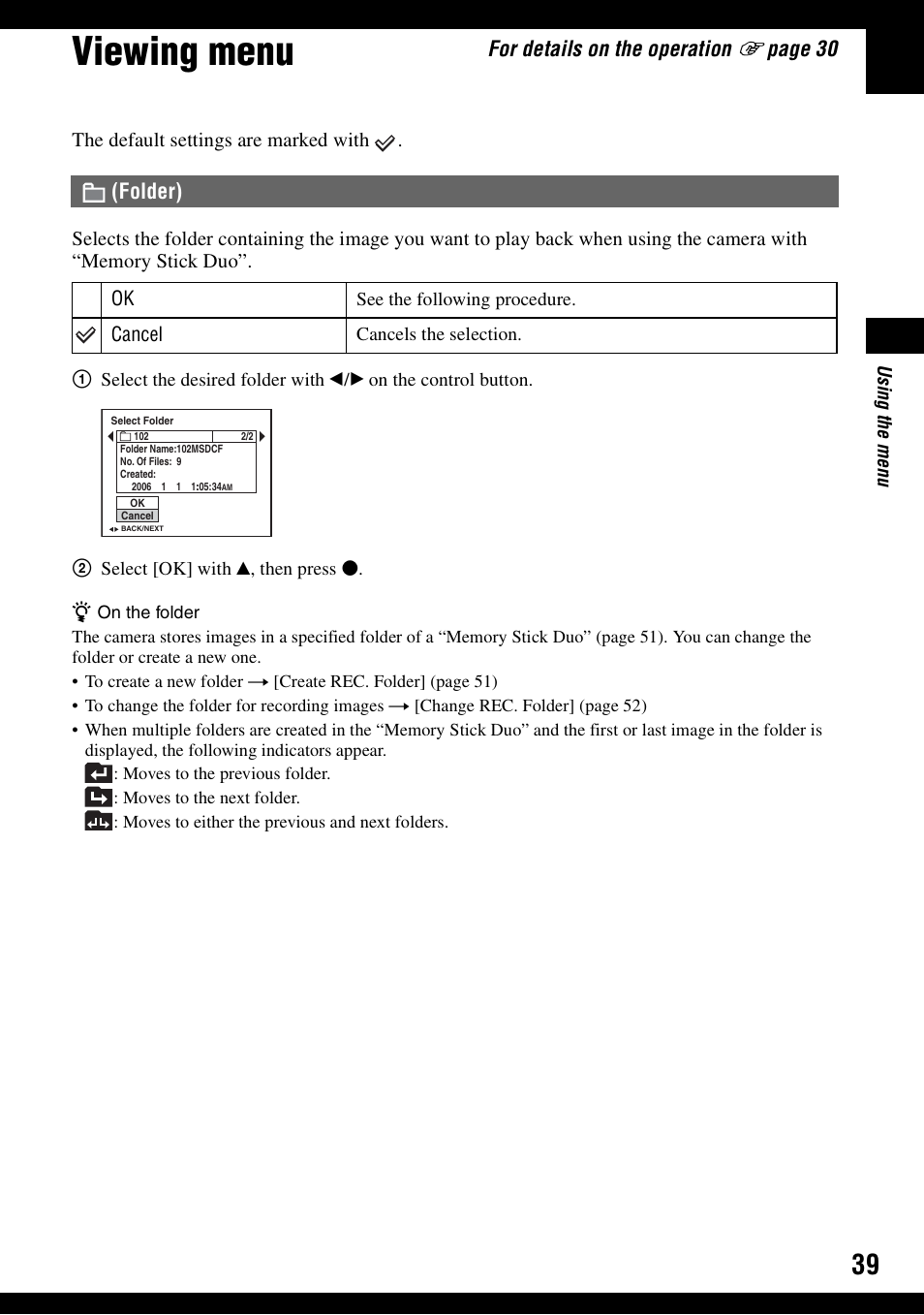 Viewing menu, Folder), Er (39) | For details on the operation, Pa ge 30 | Sony DSC-W30 User Manual | Page 39 / 107