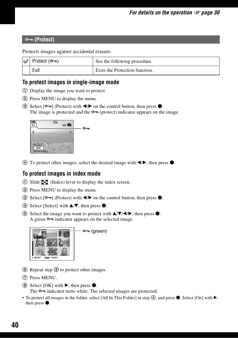 Protect), For details on the operation, Page 30 | Sony DSC-W30 User Manual | Page 40 / 107