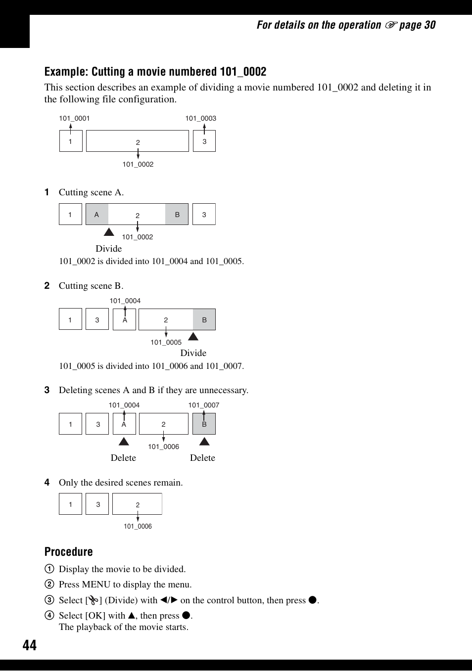 Procedure, For details on the operation, Page 30 | Sony DSC-W30 User Manual | Page 44 / 107