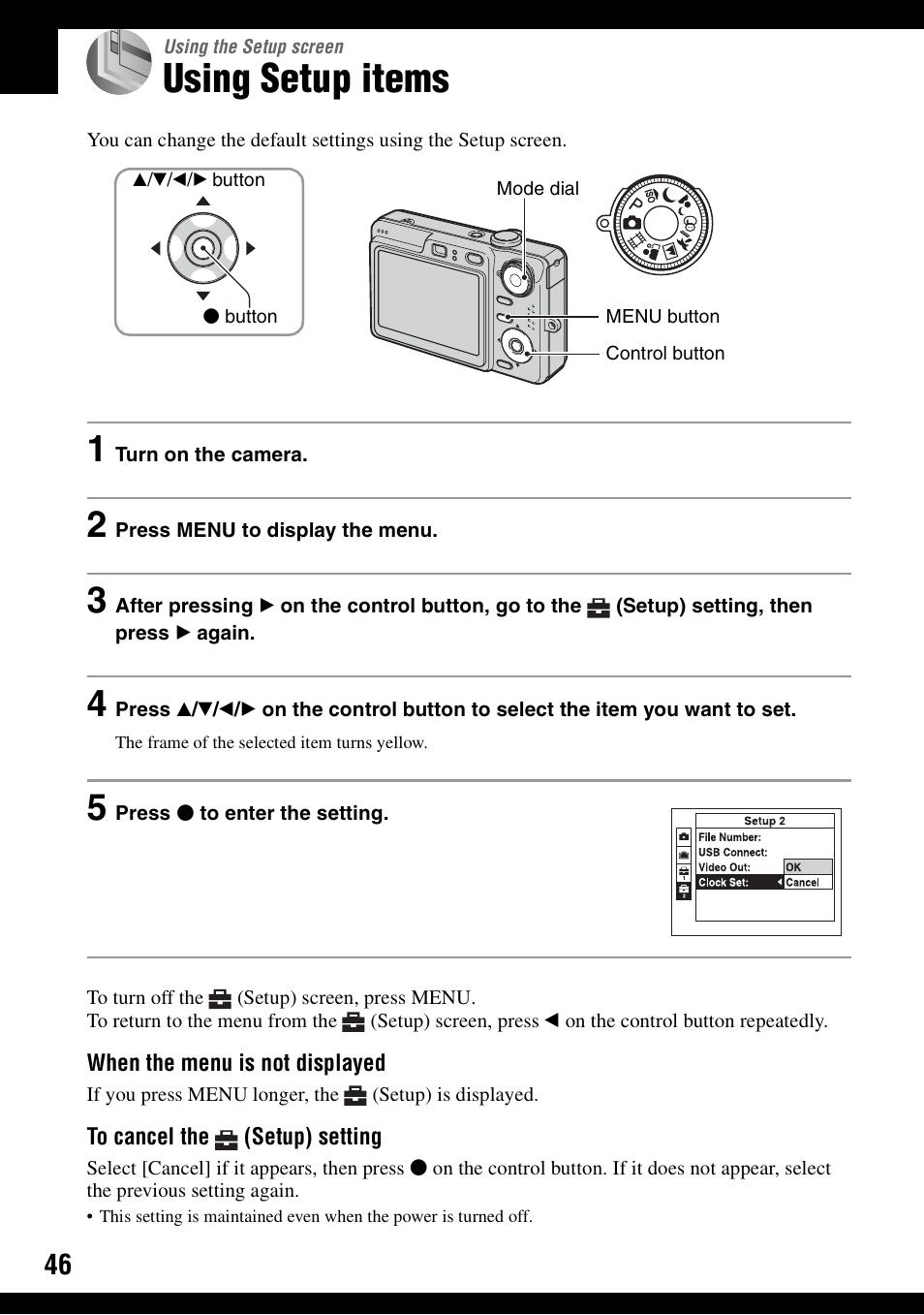 Using the setup screen, Using setup items | Sony DSC-W30 User Manual | Page 46 / 107