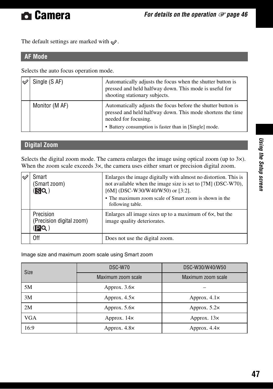 Camera, Af mode, Digital zoom | Af mode digital zoom | Sony DSC-W30 User Manual | Page 47 / 107