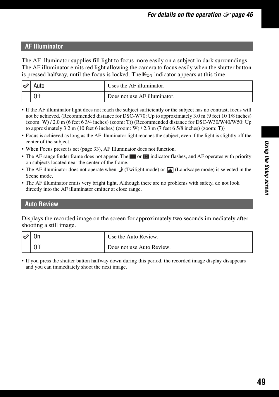 Af illuminator, Auto review, Af illuminator auto review | Sony DSC-W30 User Manual | Page 49 / 107