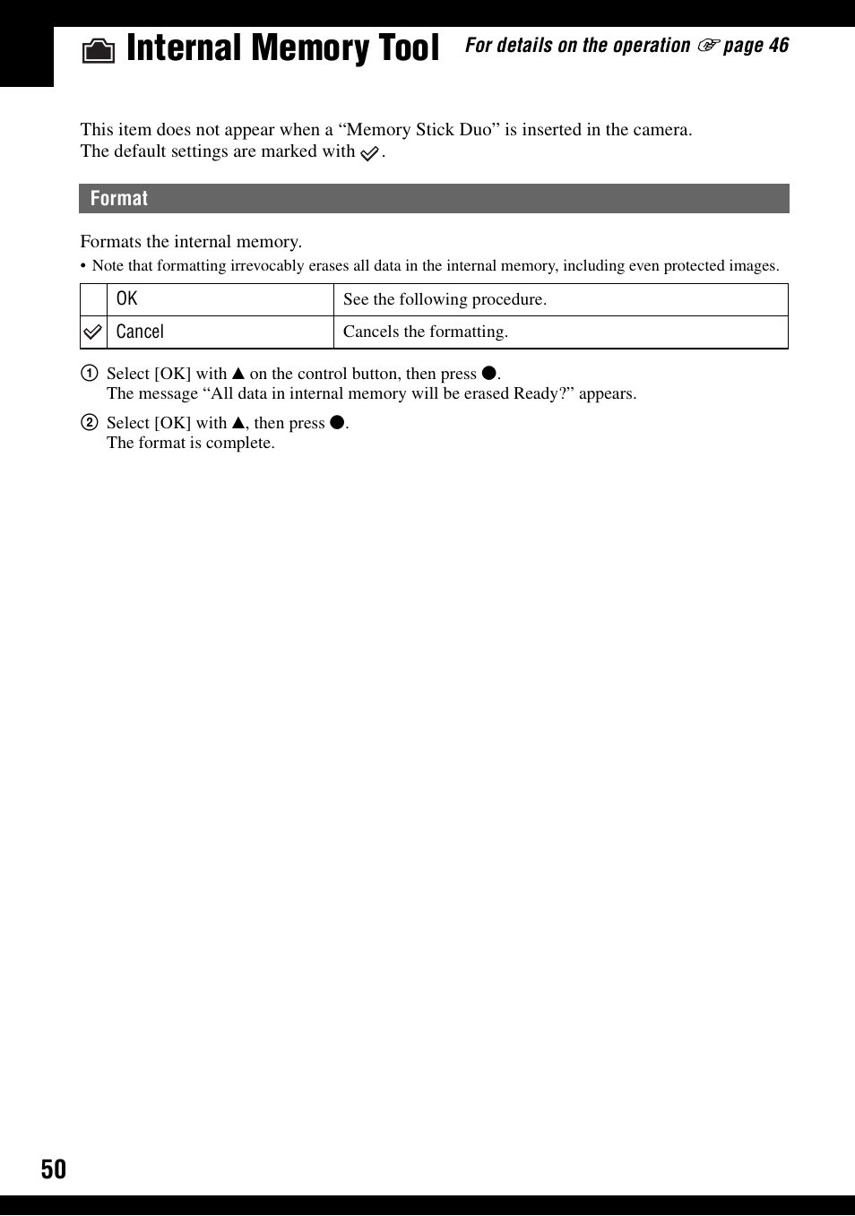 Internal memory tool, Format | Sony DSC-W30 User Manual | Page 50 / 107