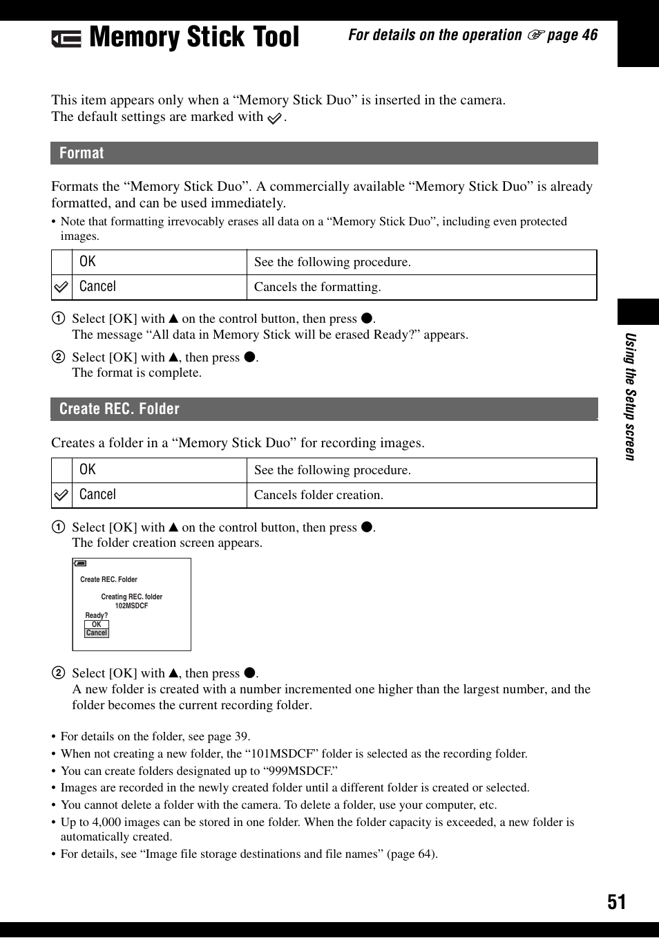 Memory stick tool, Format, Create rec. folder | Format create rec. folder | Sony DSC-W30 User Manual | Page 51 / 107