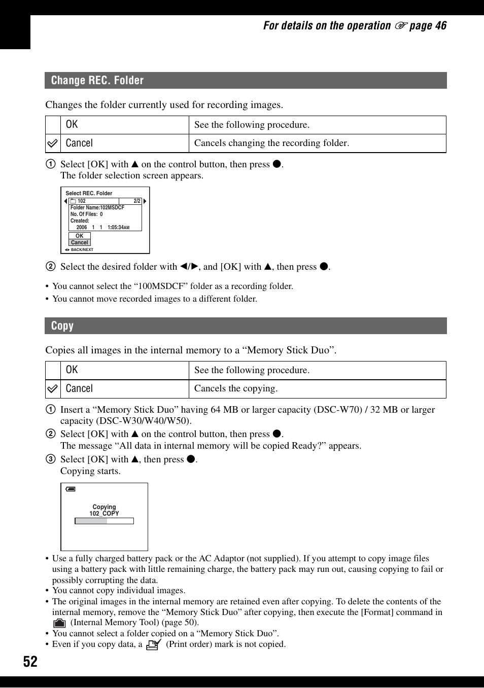 Change rec. folder, Copy, Change rec. folder copy | For details on the operation, Page 46 | Sony DSC-W30 User Manual | Page 52 / 107