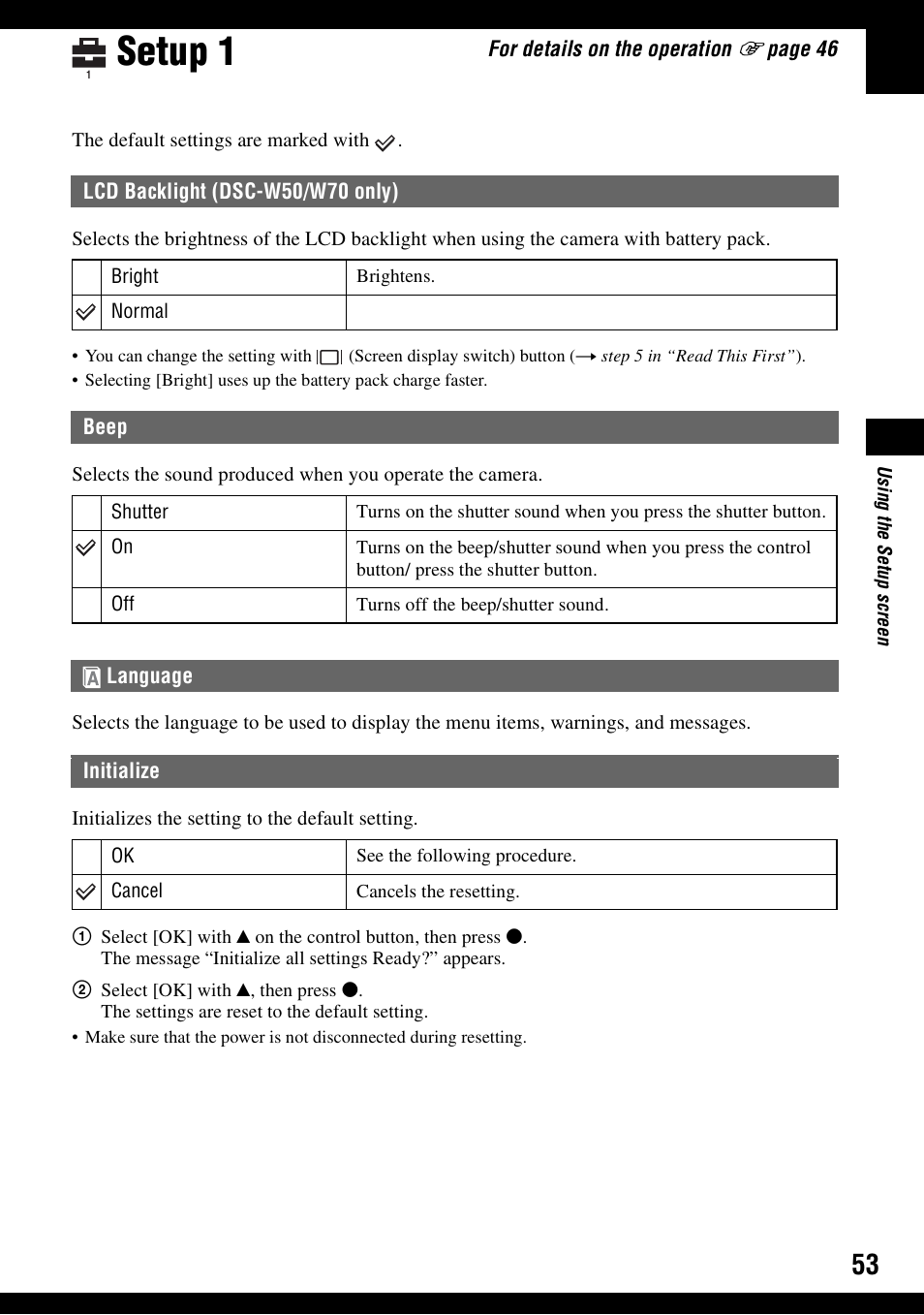 Setup 1, Lcd backlight (dsc-w50/w70 only), Beep | Language, Initialize, Lcd backlight (dsc-w50/w70 only) beep | Sony DSC-W30 User Manual | Page 53 / 107
