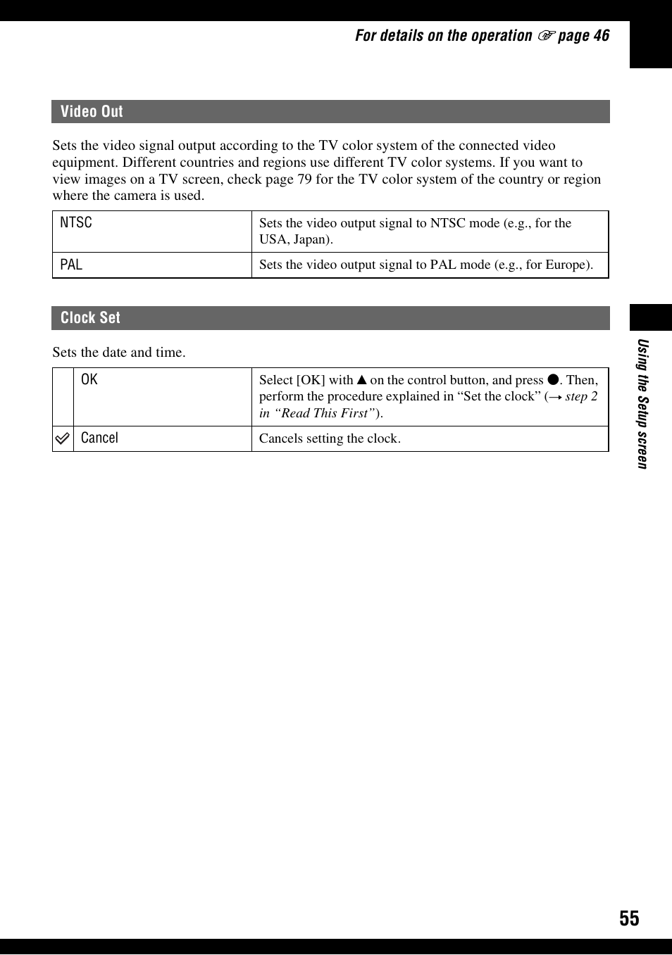 Video out, Clock set, Video out clock set | Sony DSC-W30 User Manual | Page 55 / 107