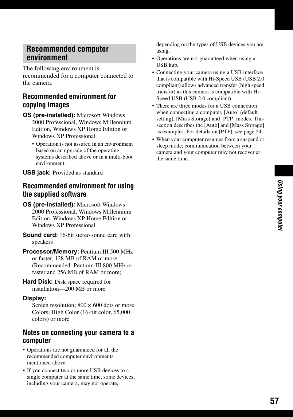 Recommended computer environment, Recommended environment for copying images | Sony DSC-W30 User Manual | Page 57 / 107
