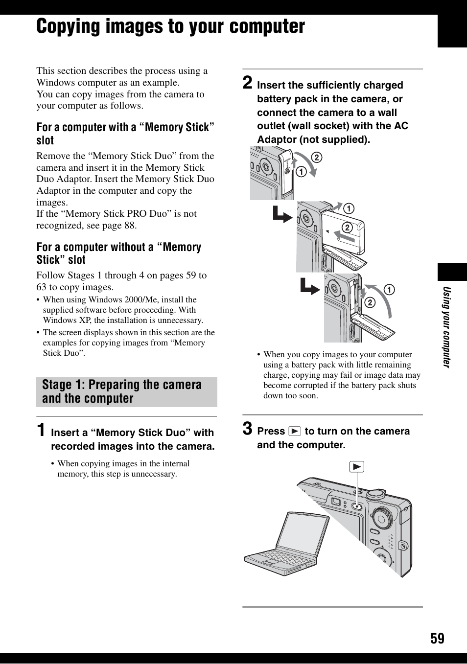 Copying images to your computer, Stage 1: preparing the camera and the computer | Sony DSC-W30 User Manual | Page 59 / 107