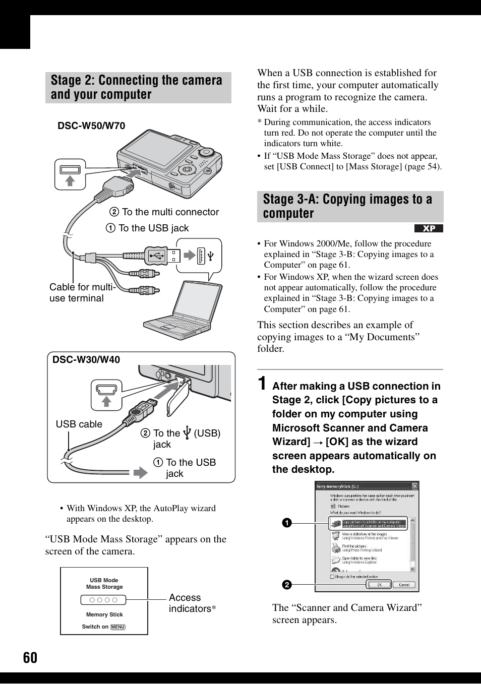 60 a, Stage 2: connecting the camera and your computer, Stage 3-a: copying images to a computer | Sony DSC-W30 User Manual | Page 60 / 107