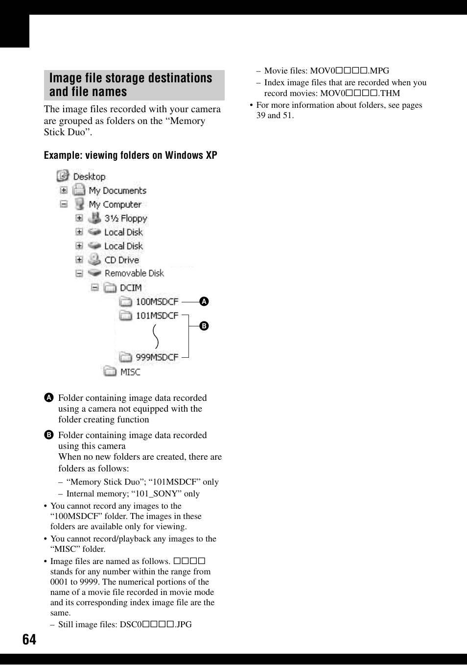Image file storage destinations and file names | Sony DSC-W30 User Manual | Page 64 / 107
