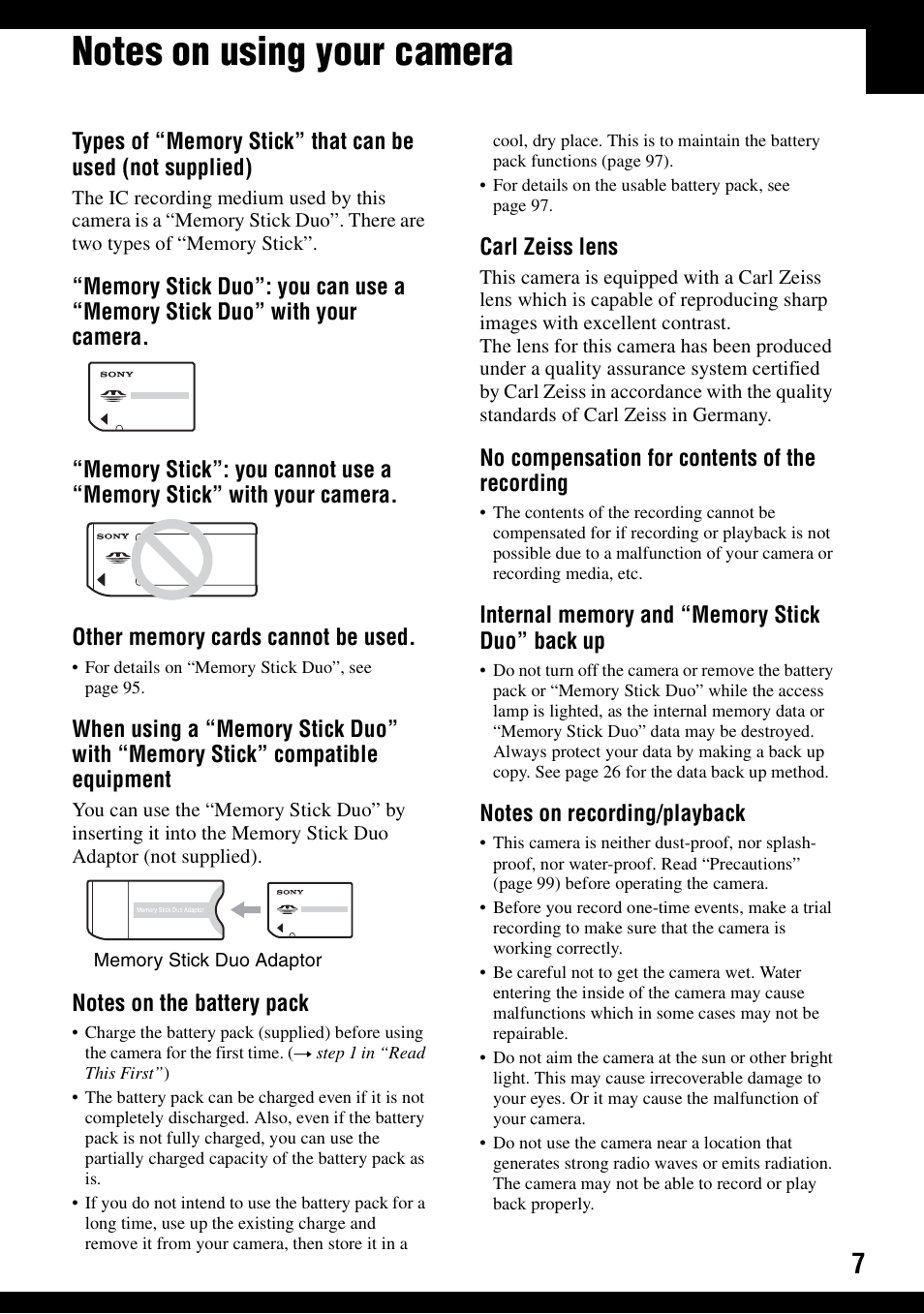 Notes on using your camera | Sony DSC-W30 User Manual | Page 7 / 107