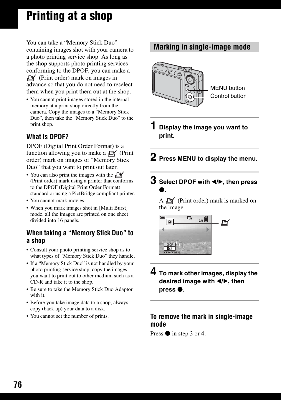 Printing at a shop, Marking in single-image mode | Sony DSC-W30 User Manual | Page 76 / 107