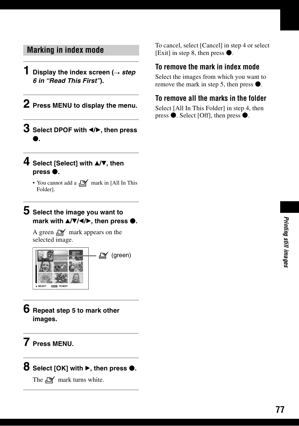 Marking in index mode | Sony DSC-W30 User Manual | Page 77 / 107