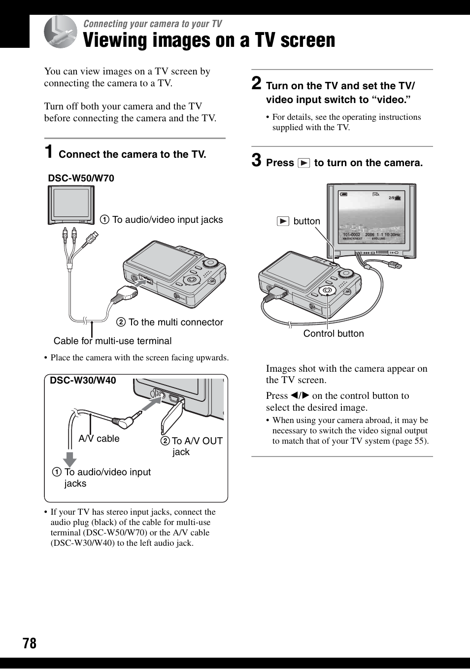 Connecting your camera to your tv, Viewing images on a tv screen | Sony DSC-W30 User Manual | Page 78 / 107