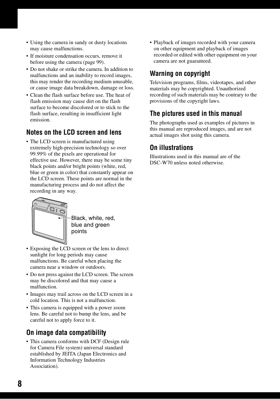 On image data compatibility, Warning on copyright, The pictures used in this manual | On illustrations | Sony DSC-W30 User Manual | Page 8 / 107