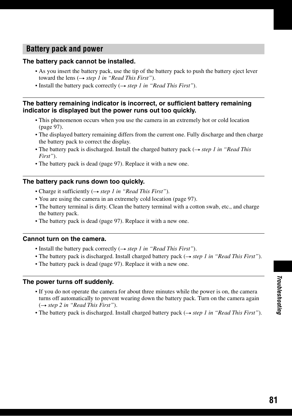 S 81 t, Battery pack and power | Sony DSC-W30 User Manual | Page 81 / 107