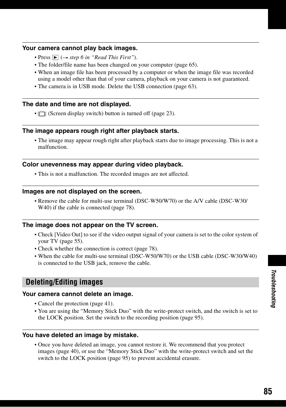 Deleting/editing images | Sony DSC-W30 User Manual | Page 85 / 107