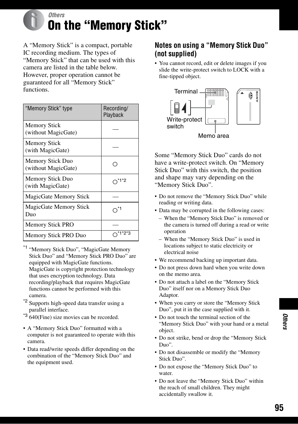 Others, On the “memory stick | Sony DSC-W30 User Manual | Page 95 / 107