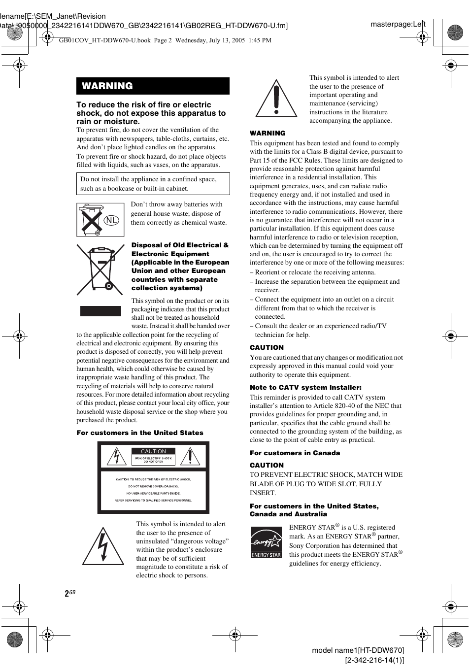 Warning | Sony HT-DDW670 User Manual | Page 2 / 44