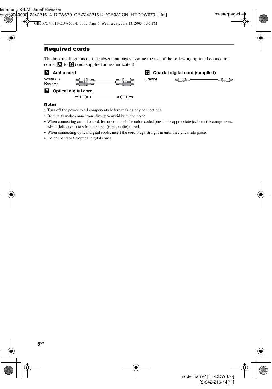 Required cords | Sony HT-DDW670 User Manual | Page 6 / 44