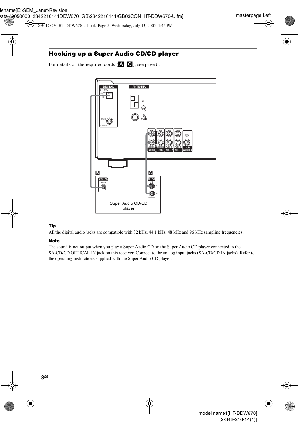 Hooking up a super audio cd/cd player, For details on the required cords ( a, C), see page 6 | Sony HT-DDW670 User Manual | Page 8 / 44