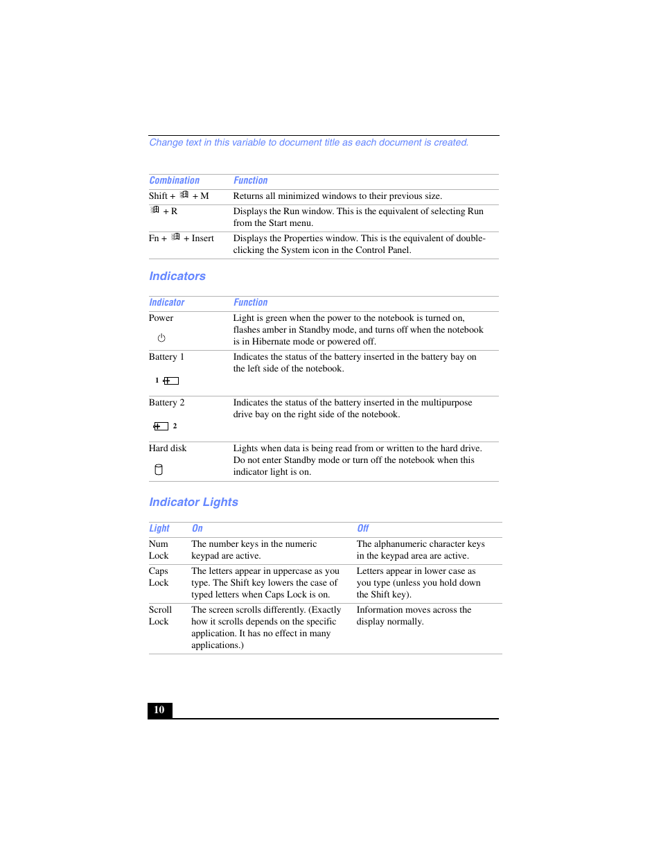 Indicators, Indicator lights, Indicators indicator lights | Sony PCG-FX270K User Manual | Page 10 / 138