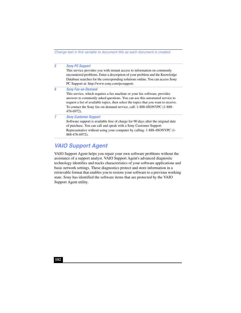 Vaio support agent | Sony PCG-FX270K User Manual | Page 102 / 138