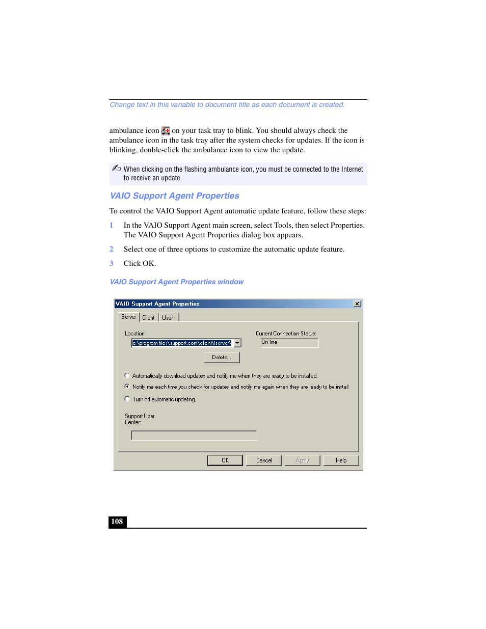 Vaio support agent properties | Sony PCG-FX270K User Manual | Page 108 / 138