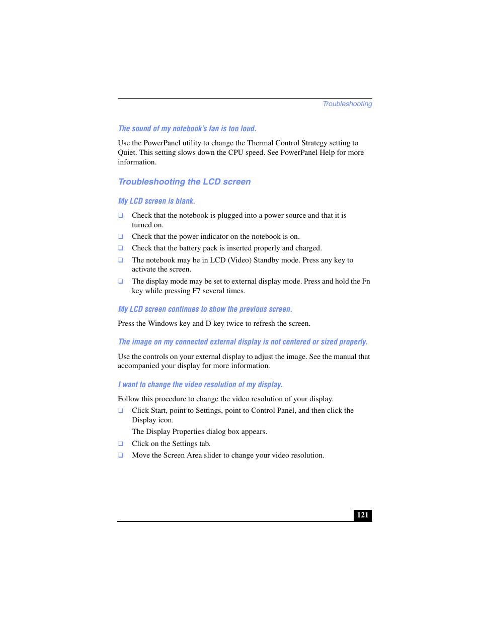 Troubleshooting the lcd screen | Sony PCG-FX270K User Manual | Page 121 / 138