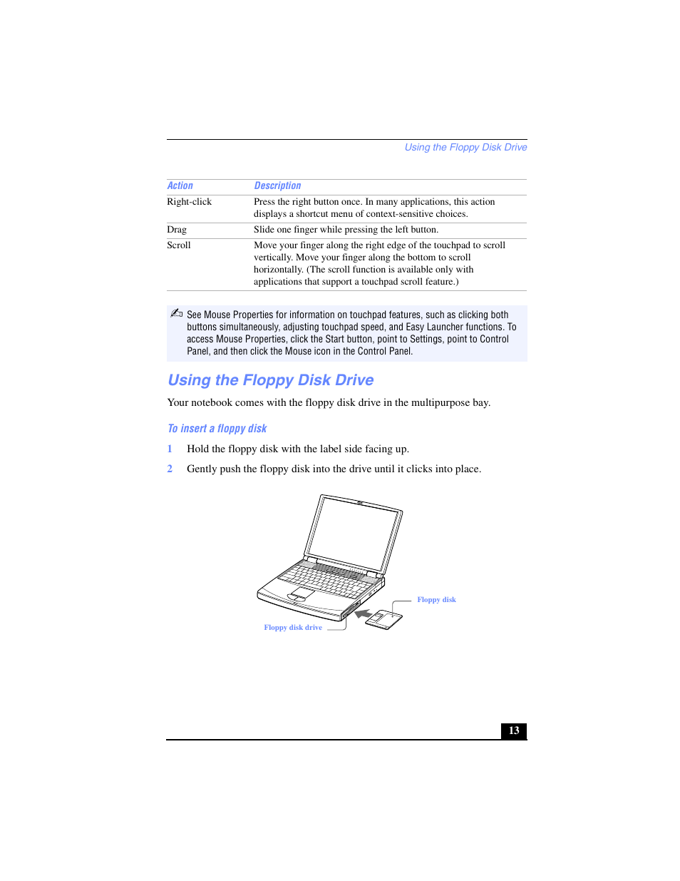 Using the floppy disk drive | Sony PCG-FX270K User Manual | Page 13 / 138