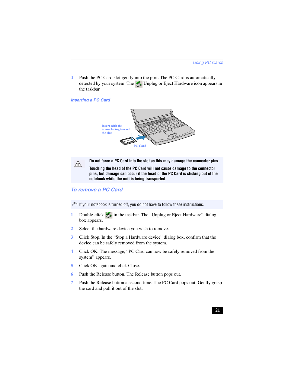 To remove a pc card | Sony PCG-FX270K User Manual | Page 21 / 138