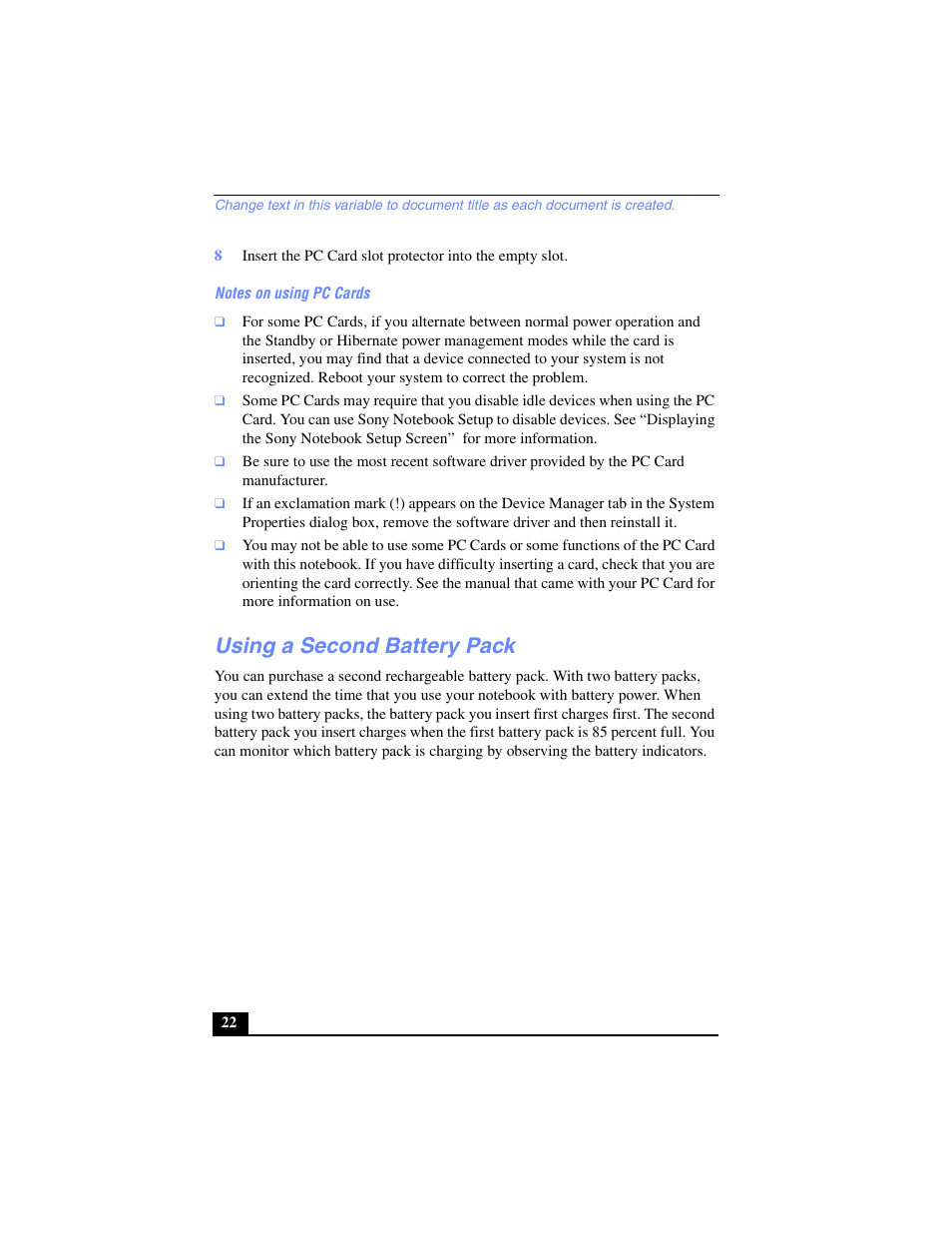 Using a second battery pack | Sony PCG-FX270K User Manual | Page 22 / 138