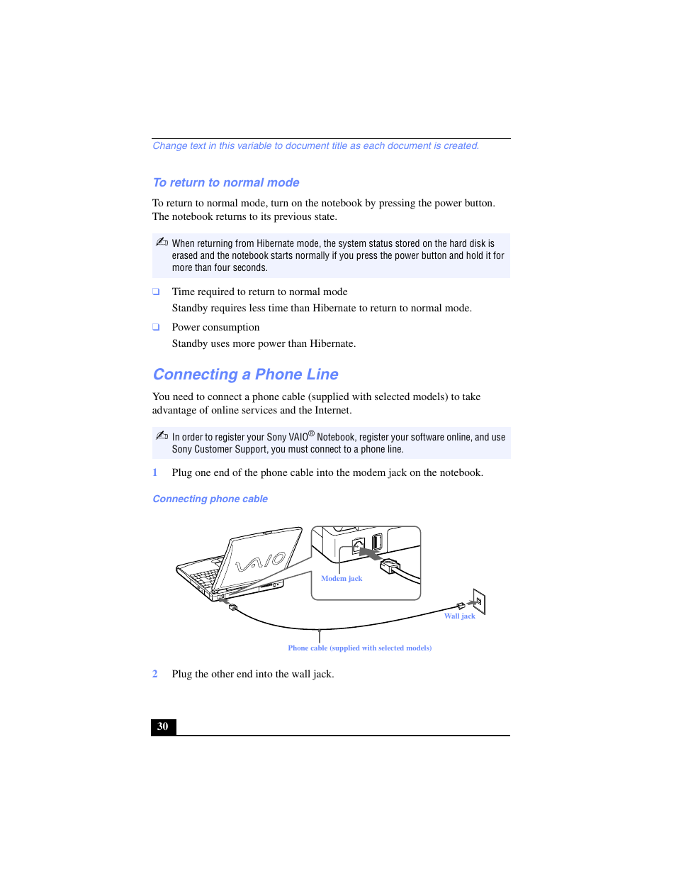 To return to normal mode, Connecting a phone line | Sony PCG-FX270K User Manual | Page 30 / 138