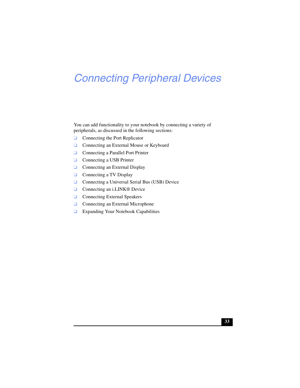 Connecting peripheral devices | Sony PCG-FX270K User Manual | Page 33 / 138