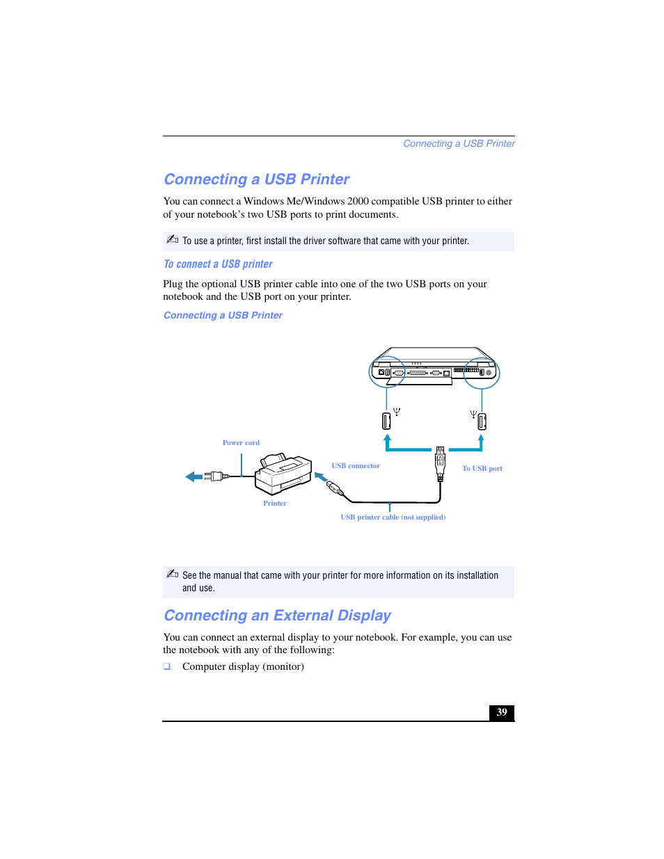 Connecting a usb printer, Connecting an external display | Sony PCG-FX270K User Manual | Page 39 / 138