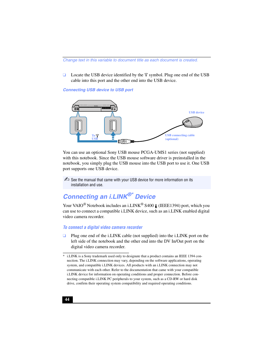 Connecting an i.link® device, Connecting an i.link, Device | Sony PCG-FX270K User Manual | Page 44 / 138