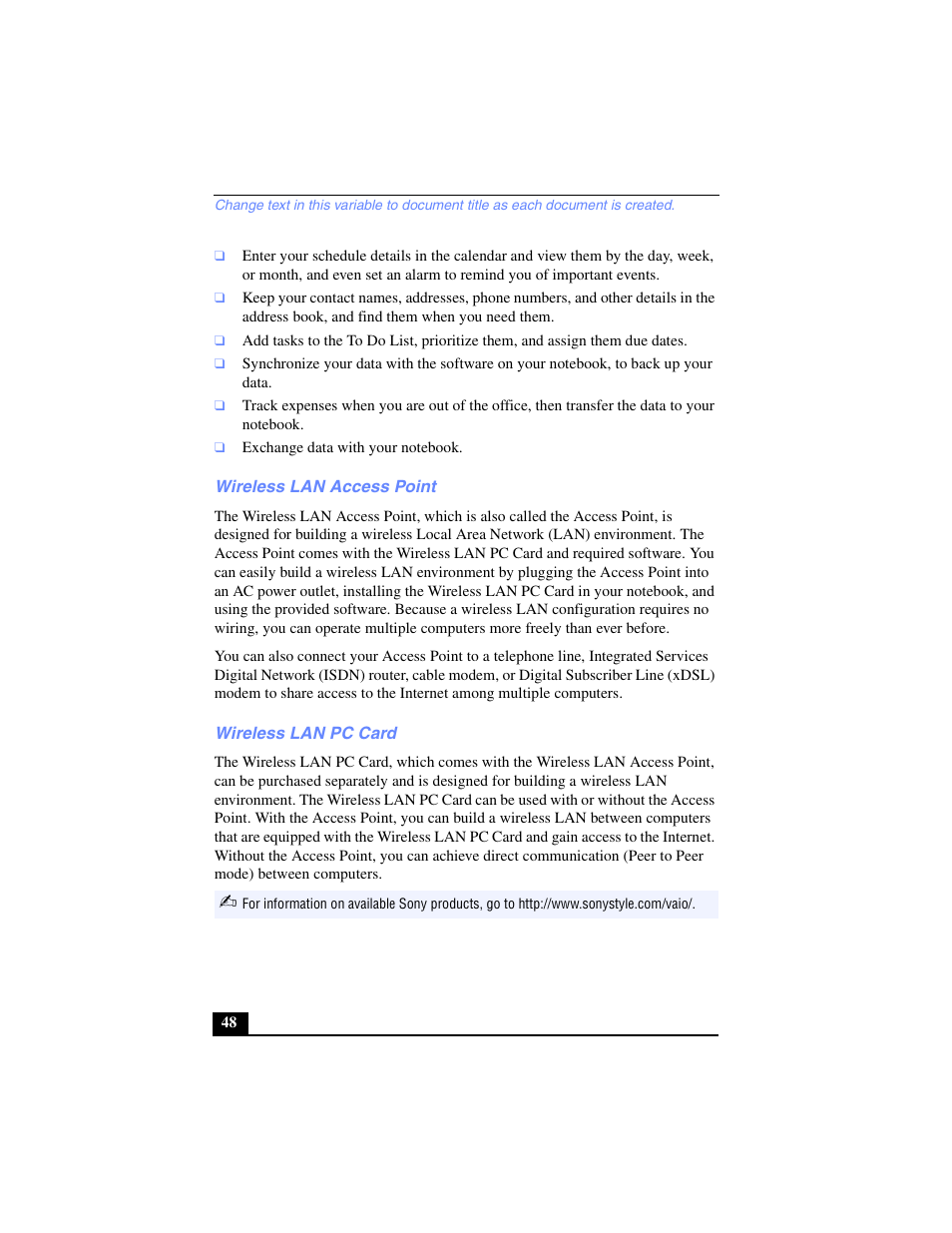 Wireless lan access point, Wireless lan pc card | Sony PCG-FX270K User Manual | Page 48 / 138