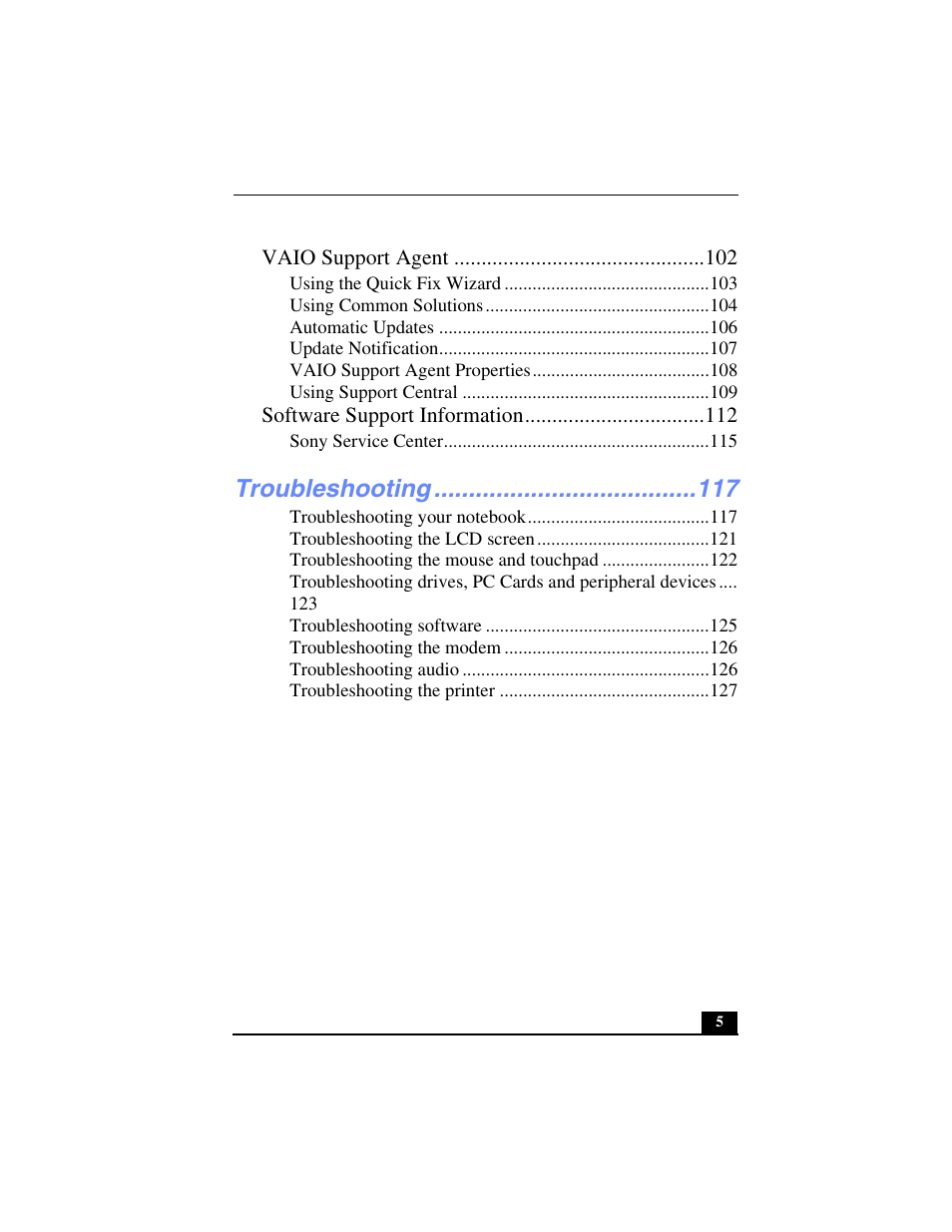 Troubleshooting | Sony PCG-FX270K User Manual | Page 5 / 138