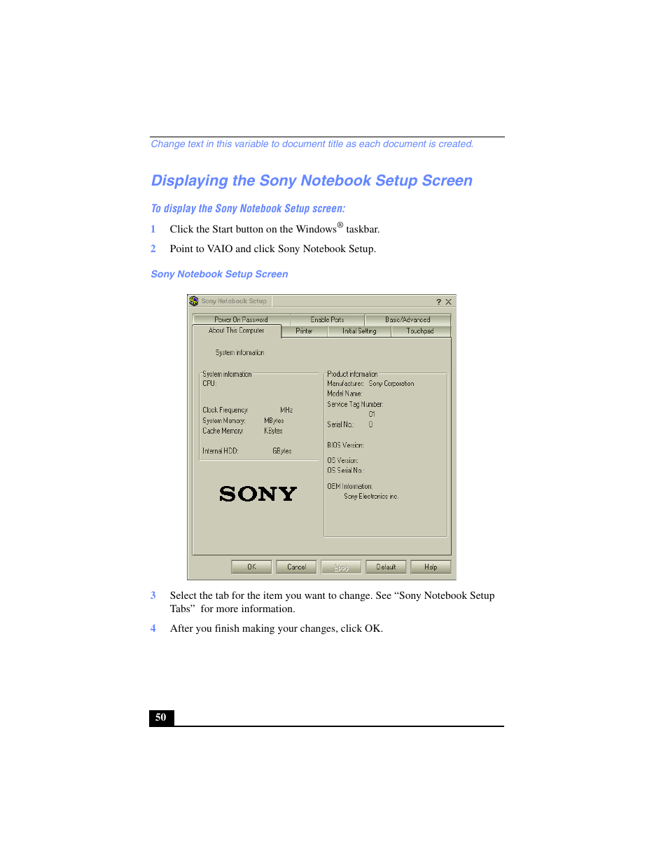 Displaying the sony notebook setup screen | Sony PCG-FX270K User Manual | Page 50 / 138