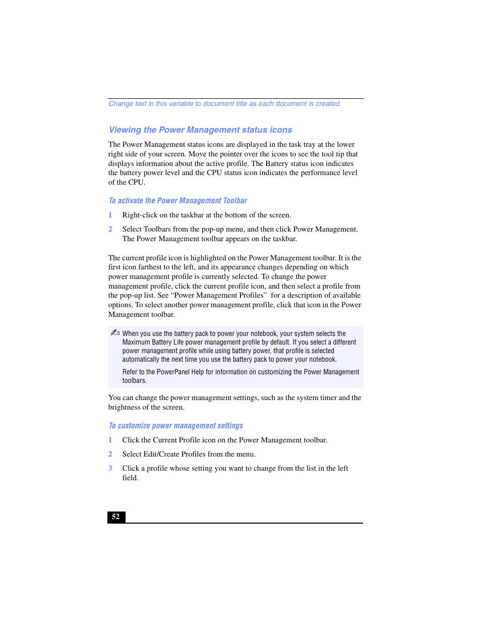 Viewing the power management status icons | Sony PCG-FX270K User Manual | Page 52 / 138